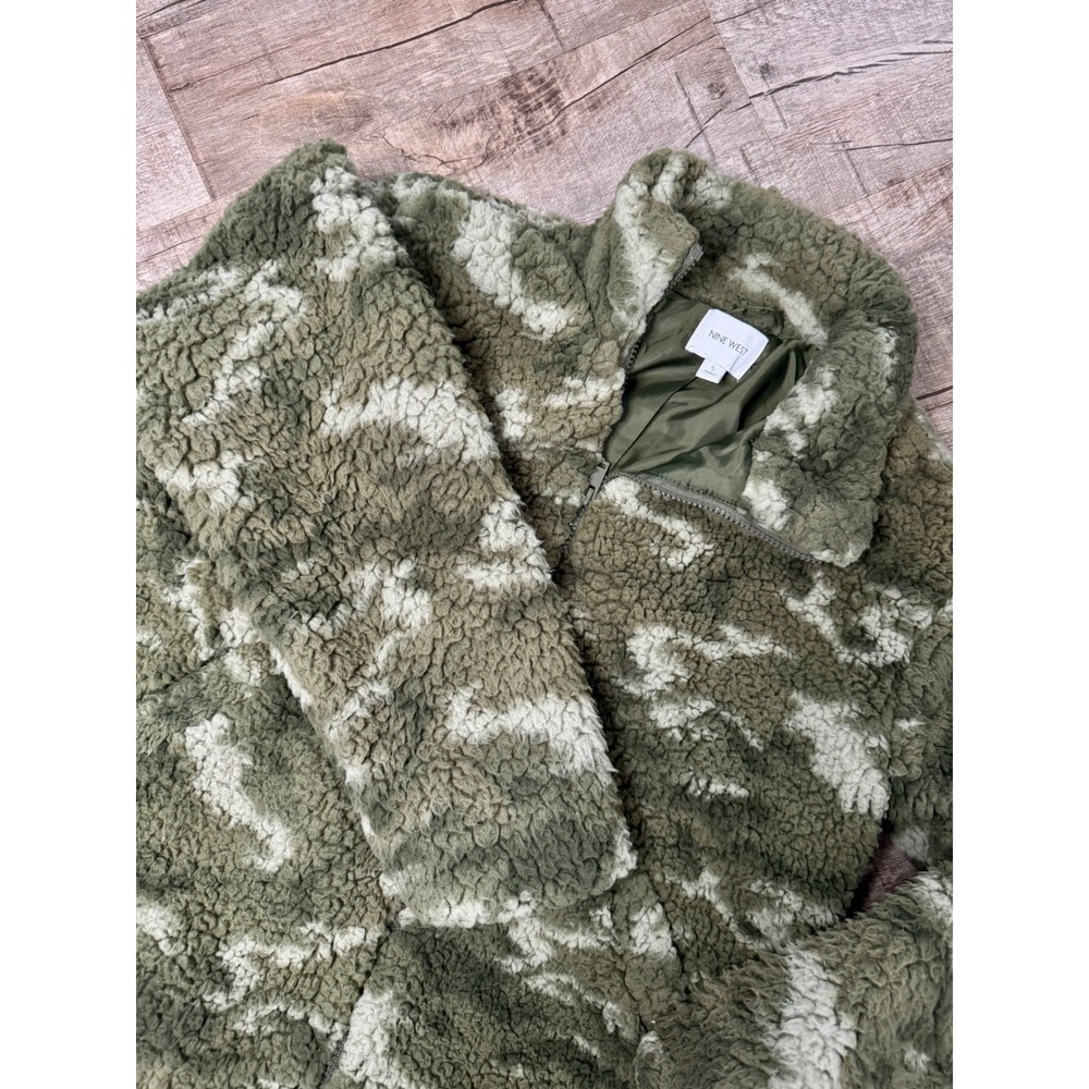 Nine West Womens Camo Faux Fur Teddy Jacket Green Camouflage Zip Up Sherpa S
